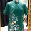 绿色叶片康乃馨花瓶纹重磅真丝旗袍