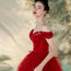 TIMI礼服系列一字肩酒红色结婚梦幻礼服