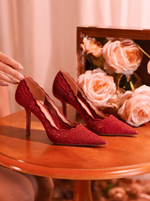【国色佳人】rosecastle红色婚鞋女新娘鞋秀禾婚纱蕾丝高跟鞋