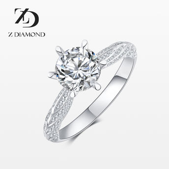【培育】Z DIAMOND 18K金白钻石戒指 六爪翅膀铺钻首饰钻戒