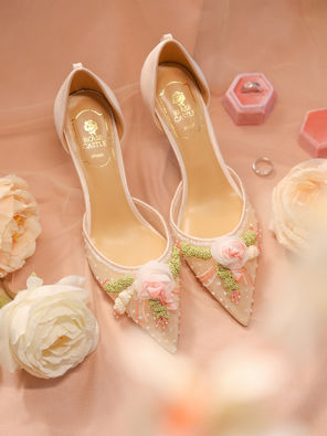 【巴黎玫瑰】法式手工婚鞋女主婚纱新娘鞋一字带花朵网纱高跟凉鞋