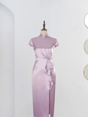 浅紫色改良短款旗袍