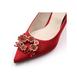正红色真丝布面搭配方形花朵钻扣女鞋